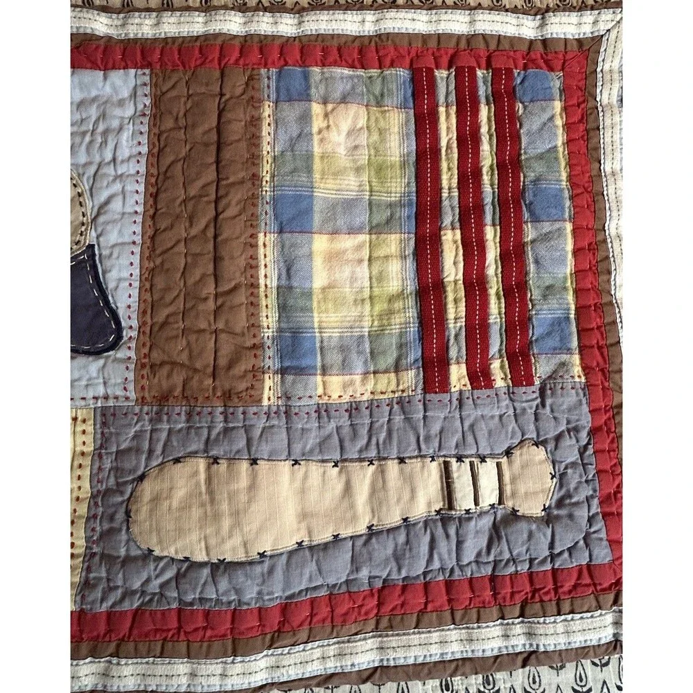Pottery Barn Standard Pillow Sham Kids Baseball Quilted Red Blue Chambray Brown